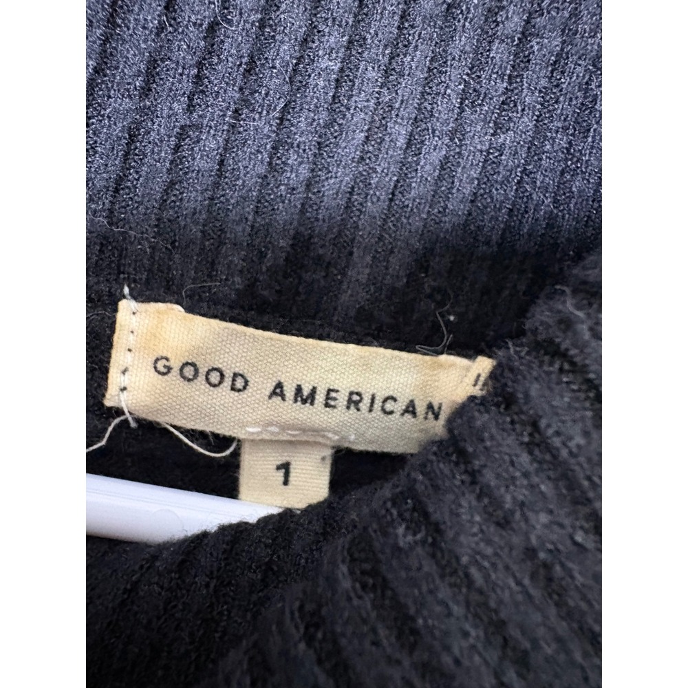 Good American Black Ribbed Mock Neck Balloon Sleeve Sweater 1 Cozy Minimalist - Picture 2 of 4